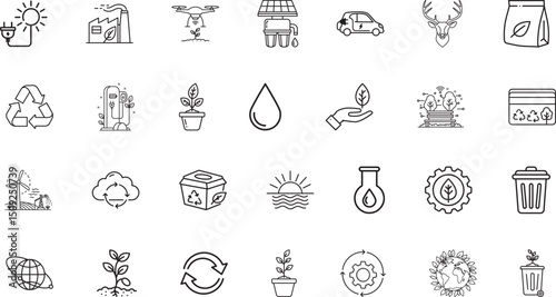 Eco Icon Set, Sustainability Poster, Environmental Campaign, Green Product Label, Recycle Infographic, Climate Awareness Guide, Renewable Energy Brochure, Organic Packaging Design – Vector Line Art