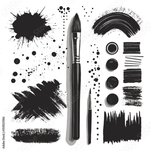 Big collection of black paint, ink brush strokes, brushes, lines, grungy. Dirty artistic design elements, boxes, frames. Vector illustration. Isolated on white background. Freehand drawing