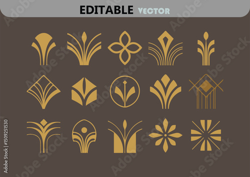 Collection of Golden Art Deco Style Ornaments and Design Elements on Brown