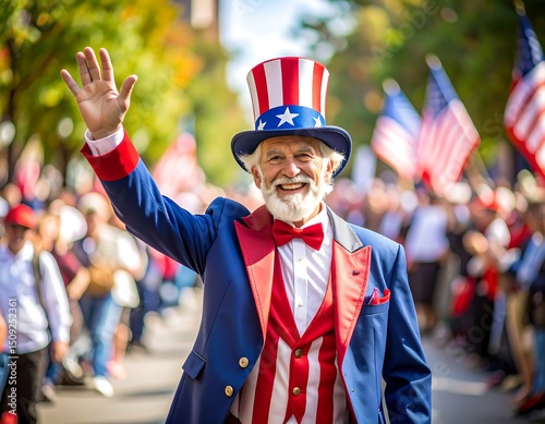 A smiling elderly man in a patriotic costume waves at a parade (1)