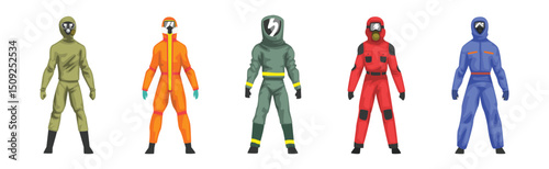 Protective Hazmat Suit of Employee of Disinfecting Services Vector Set
