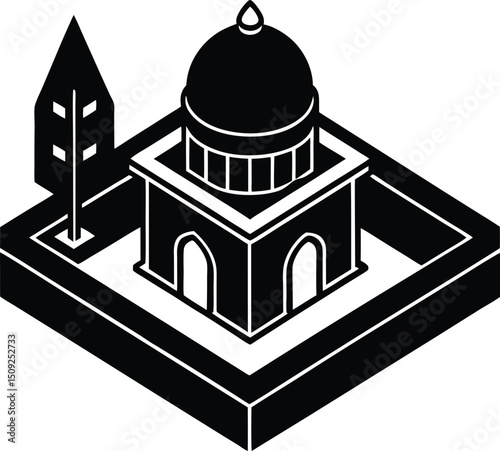 Minimalist Isometric Illustration of a Dome Building with a Tree Element