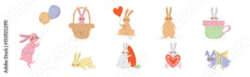 Funny Bunny Animal with Long Ears Vector Set