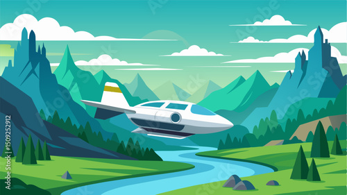 A futuristic air taxi gliding over a vivid green landscape showcasing towering mountains and winding rivers below.. Vector illustration
