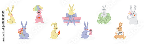 Funny Bunny Animal with Long Ears Vector Set