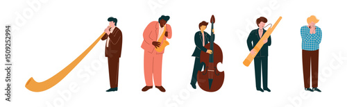 Man Play Different Musical Instrument Perform Concert in Orchestra Vector Set