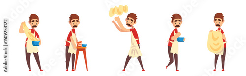 Mustached Man Pizza Maker Preparing Italian Pizza Vector Set