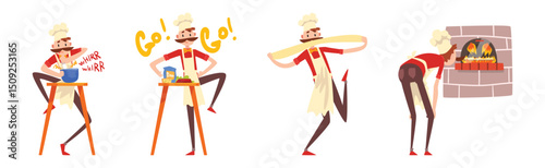 Mustached Man Pizza Maker Preparing Italian Pizza Vector Set