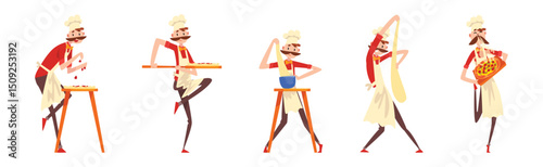 Mustached Man Pizza Maker Preparing Italian Pizza Vector Set