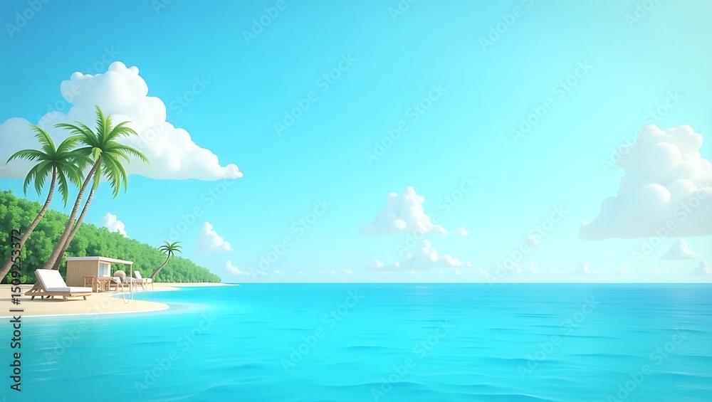 Obraz premium Serene tropical island with turquoise water and palm trees under a bright sky