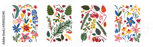 Floral and Flower Design Element in Rectangle Shape Vector Set