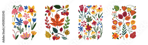 Floral and Flower Design Element in Rectangle Shape Vector Set