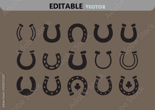Collection of Horseshoe Icons in Black on a Brown Background