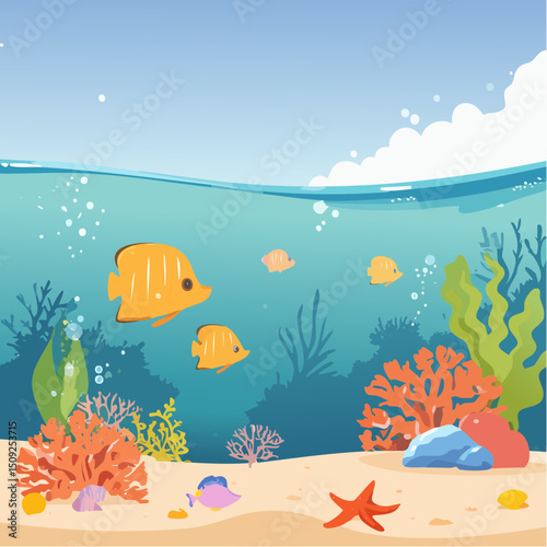 A coral reef underwater scene with fish, coral, and bubbles
