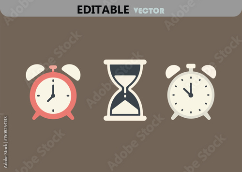 Retro Time Management Concept with Alarm Clocks and Hourglass Vector