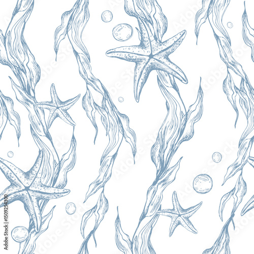 Underwater world clipart with sea animals, bubbles, starfish and algae. Graphic illustration hand drawn in blue ink. Seamless pattern EPS vector