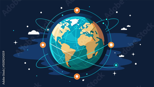 A digital globe enveloped in an intricate network of data flows representing the everconnected world.. Vector illustration