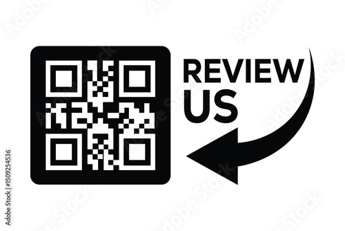 Minimalist black and white QR code centered, with "REVIEW US" text to the right. A curved arrow points from the words to the code. Clean, technical style on white background, front perspective.
