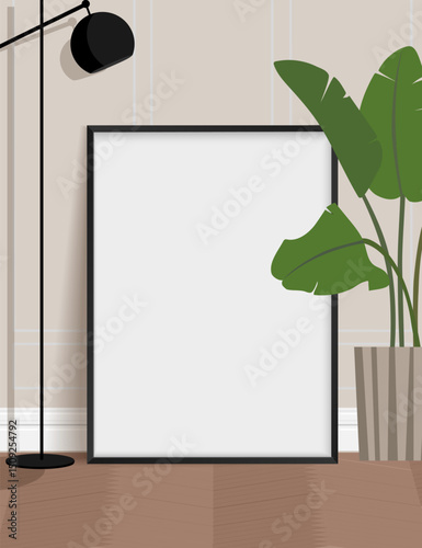 Black frame in classic interior with parquet floor, plants and black lamp. Vector frame mock up.
