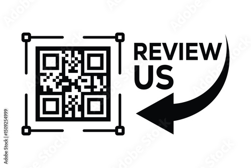 Minimalist black and white QR code centered, with "REVIEW US" text to the right. A curved arrow points from the words to the code. Clean, technical style on white background, front perspective.
