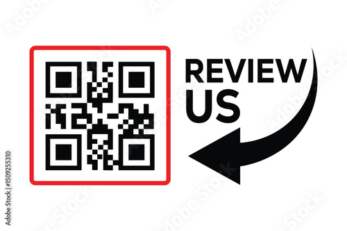 Minimalist black and white QR code centered, with "REVIEW US" text to the right. A curved arrow points from the words to the code. Clean, technical style on white background, front perspective.