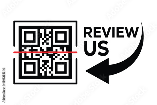 Minimalist black and white QR code centered, with "REVIEW US" text to the right. A curved arrow points from the words to the code. Clean, technical style on white background, front perspective.