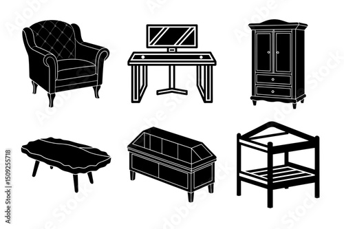 Bedroom Furniture Black Vector Set