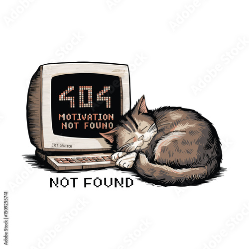 Cute cat sleeping on retro computer 404 motivation not found