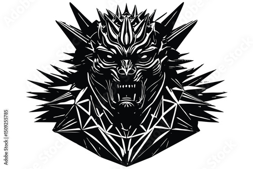 Tribal lion head skull tattoo design vector illustration with Gothic fire wing ornament