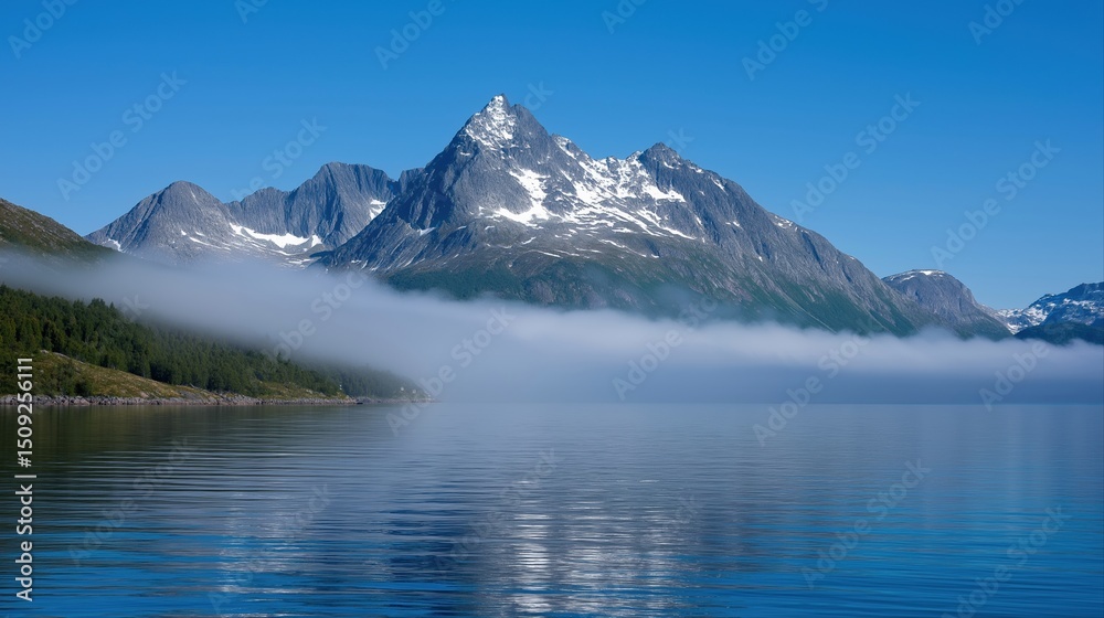 Majestic snow-capped mountains with misty lake reflection under clear blue sky Majestic snow-capped mountains with misty lake reflection under clear blue sky