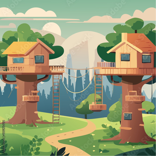 A treehouse village connected by rope bridges in a forest
