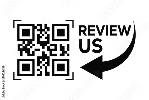 Minimalist black and white QR code centered, with "REVIEW US" text to the right. A curved arrow points from the words to the code. Clean, technical style on white background, front perspective.