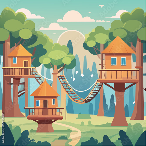 A treehouse village connected by rope bridges in a forest

