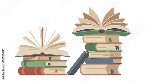 Two stacks of books feature open books on top, displayed on transparent background