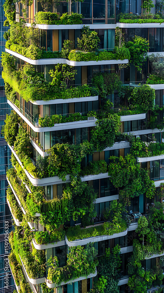 Tall eco-building with vertical gardens promoting sustainability high resolution picture Tall eco-building with vertical gardens promoting sustainability high resolution picture