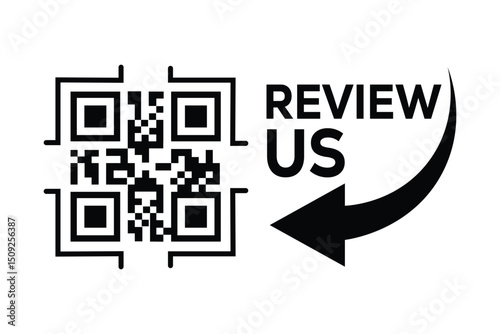 Minimalist black and white QR code centered, with "REVIEW US" text to the right. A curved arrow points from the words to the code. Clean, technical style on white background, front perspective.