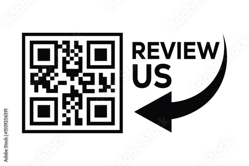 Minimalist black and white QR code centered, with "REVIEW US" text to the right. A curved arrow points from the words to the code. Clean, technical style on white background, front perspective.