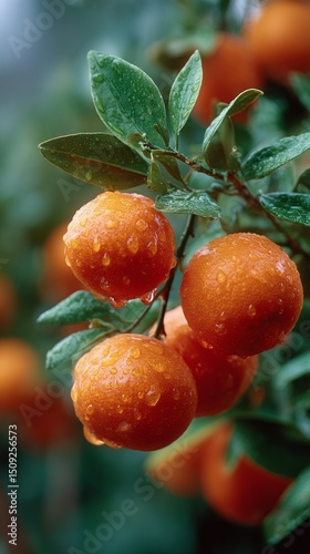 Luscious tangerines adorned with droplets cling to vibrant green leaves. The tree stands in a thriving orchard, glistening after a recent rain, indicating ripe fruit ready for harvest