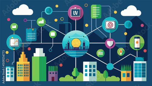 A complex network of datadriven sensors and algorithms silently worked together to seamlessly manage the citys smart grid.. Vector illustration