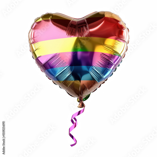 Rainbow heart foil balloon with shiny surface isolated on transparent background photo