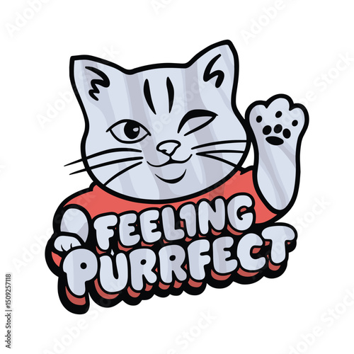  Happy cat waving feeling purrfect cute cartoon.