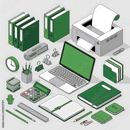 Various isometric office supplies include a green laptop, books, and a printer on gray