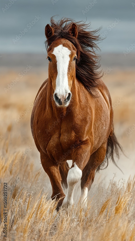 Brown horse gallops through golden grass under cloudy sky in open field during afternoon light Brown horse gallops through golden grass under cloudy sky in open field during afternoon light