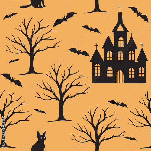 Spooky halloween silhouette pattern orange background witches cats bats art web old dark tree print