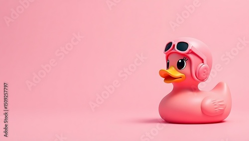 Pink rubber duck wearing an aviator helmet on a pink background cute