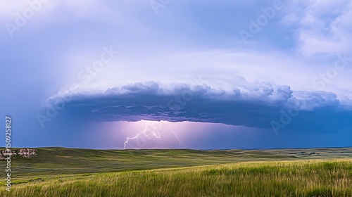 A dramatic view of a thunderstorm over an open prairie with lightning illuminating the sky