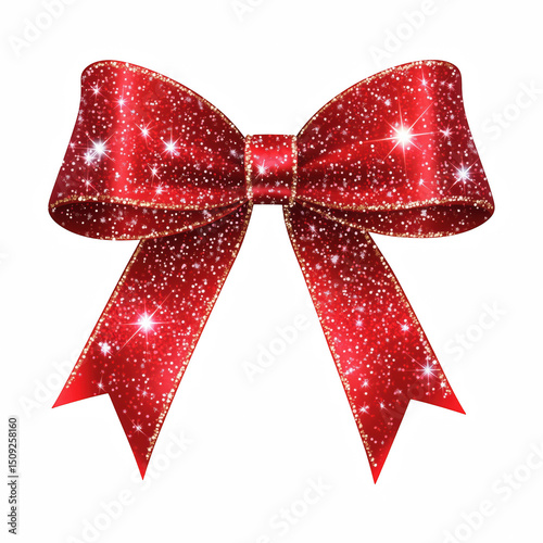 Glittering red ribbon bow with sparkling stars, isolated on transparent background. photo