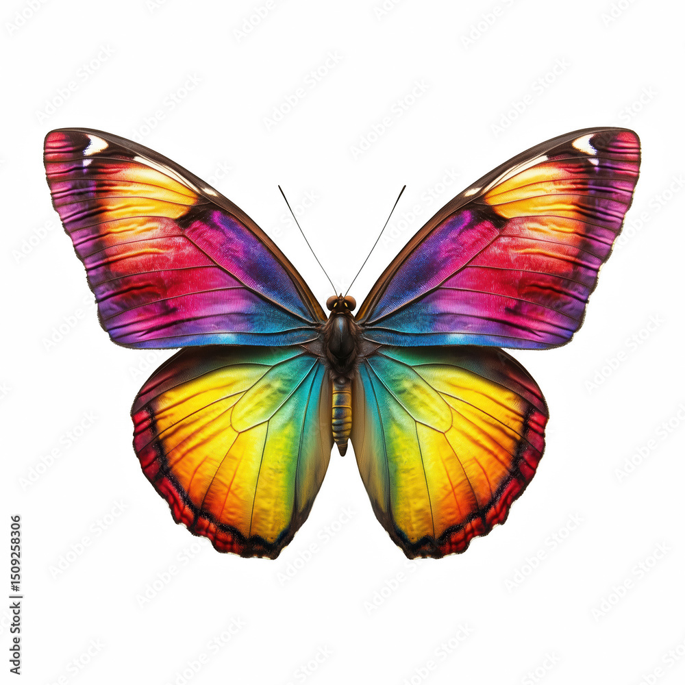 Obraz premium Vibrant rainbow butterfly with open symmetrical wings, isolated on transparent background.