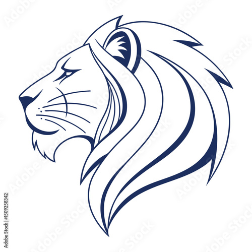 Lion Head Outline Profile in Navy Blue on White Background