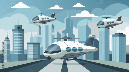 A group of sleek silver air taxis take off and land on a futuristic rooftop helipad seamlessly integrated into the towering skyscraperapers of the city.. Vector illustration